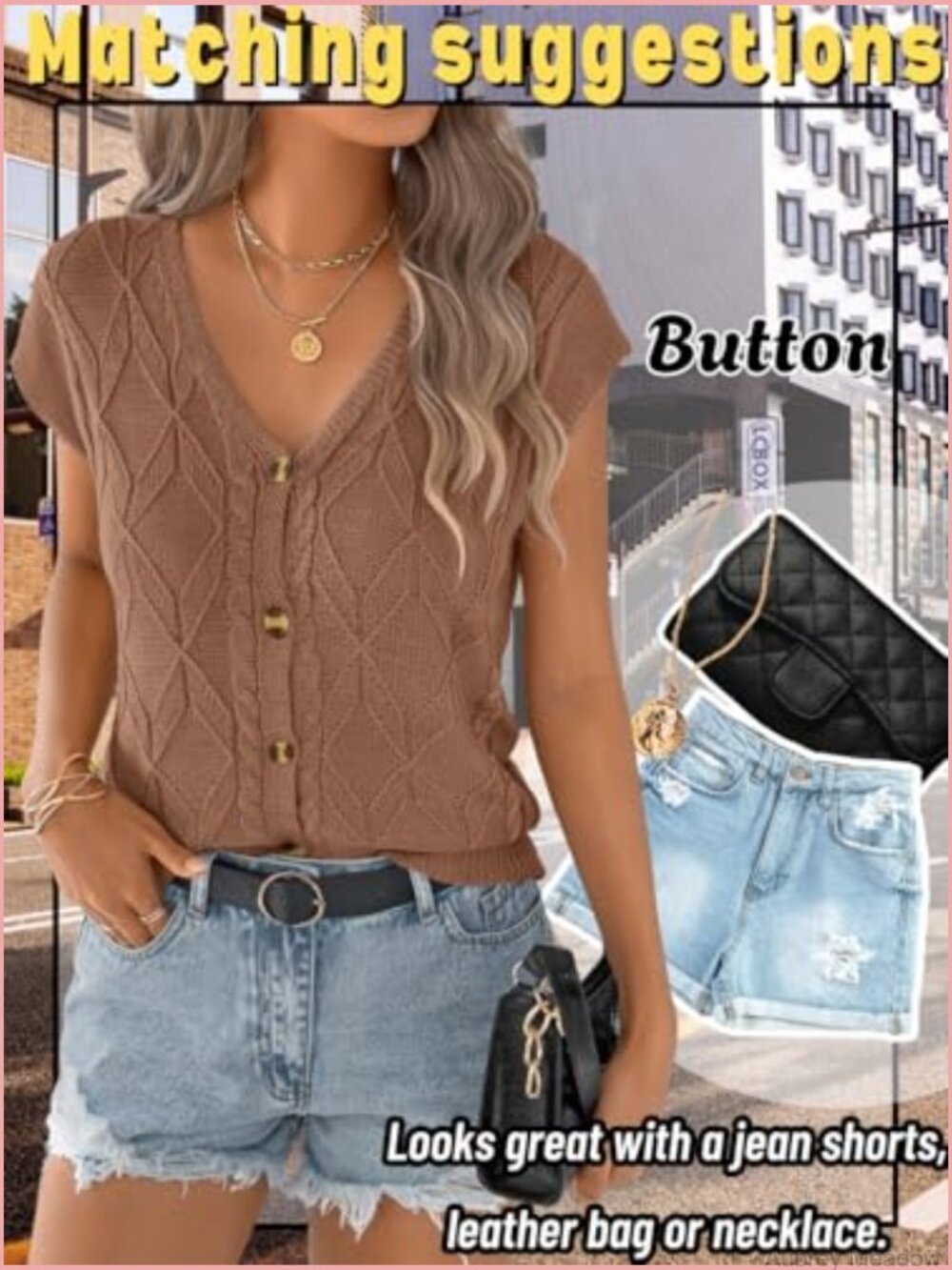 Cap Sleeve V Neck Sweater Vest, Cable Knit Button Down Cardigan, Lightweight - Picture 6 of 7
